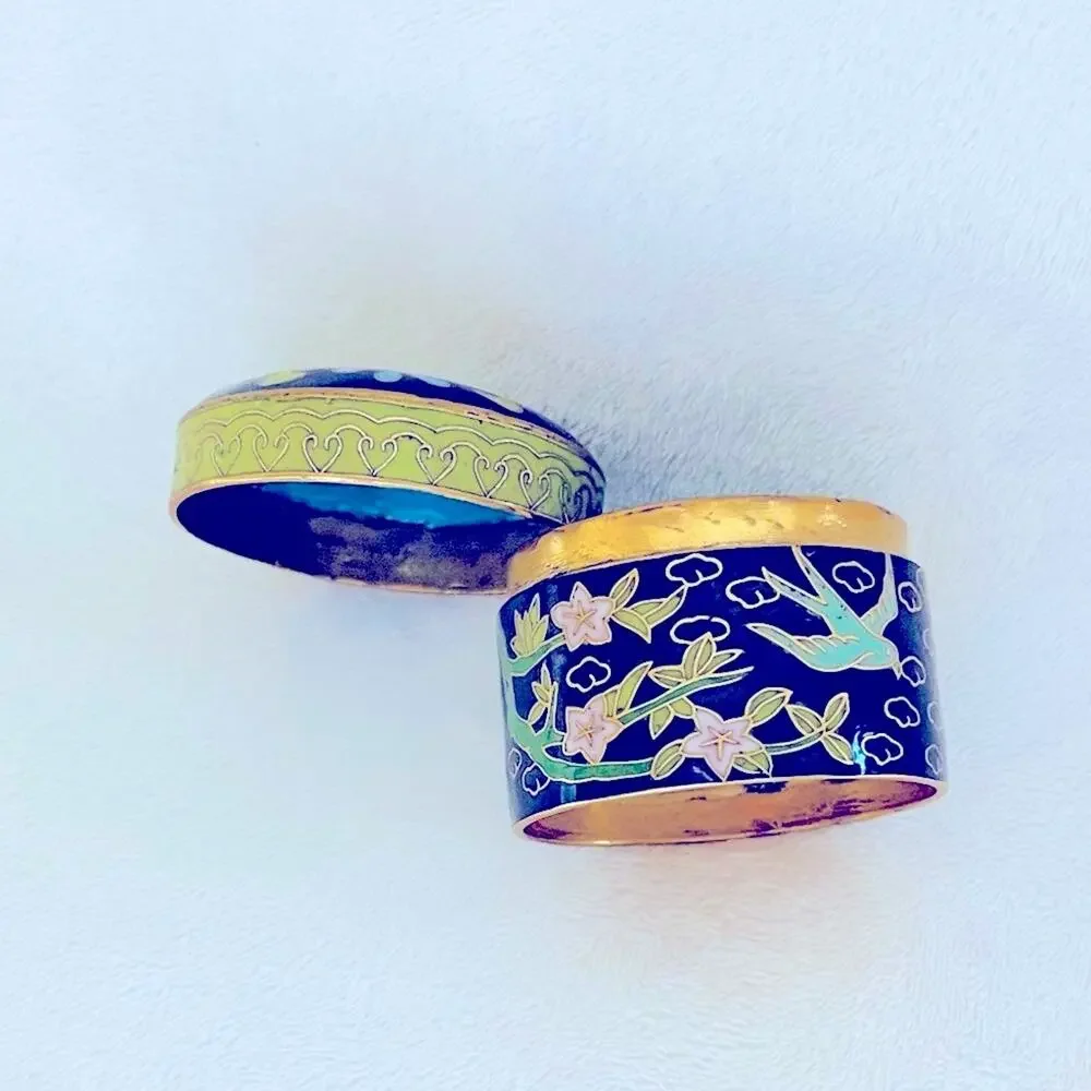 Vtg Mid-Century Cloisonné Floral Bird Trinket Pill Box Ring Holder Jewelry